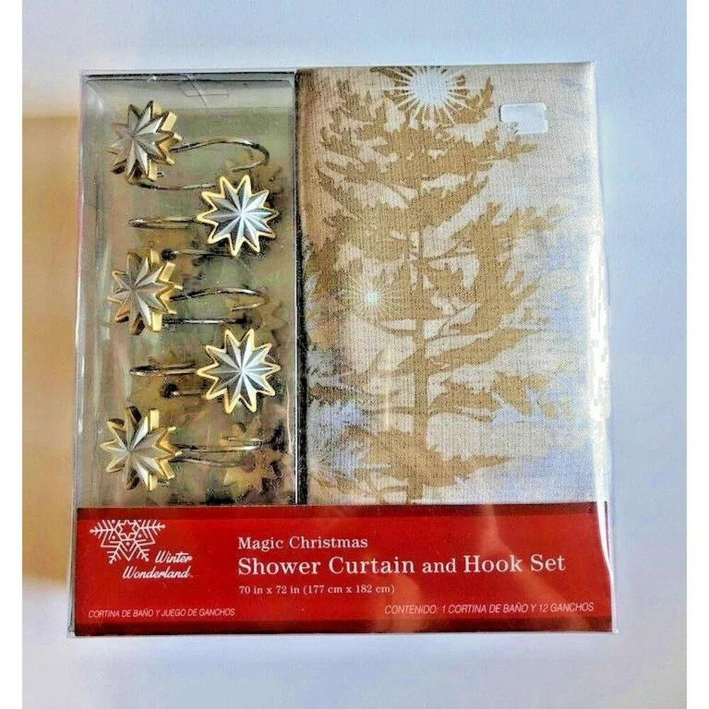 Christmas Let It Snow Shower Curtain and Hook Set Silver Gold 72